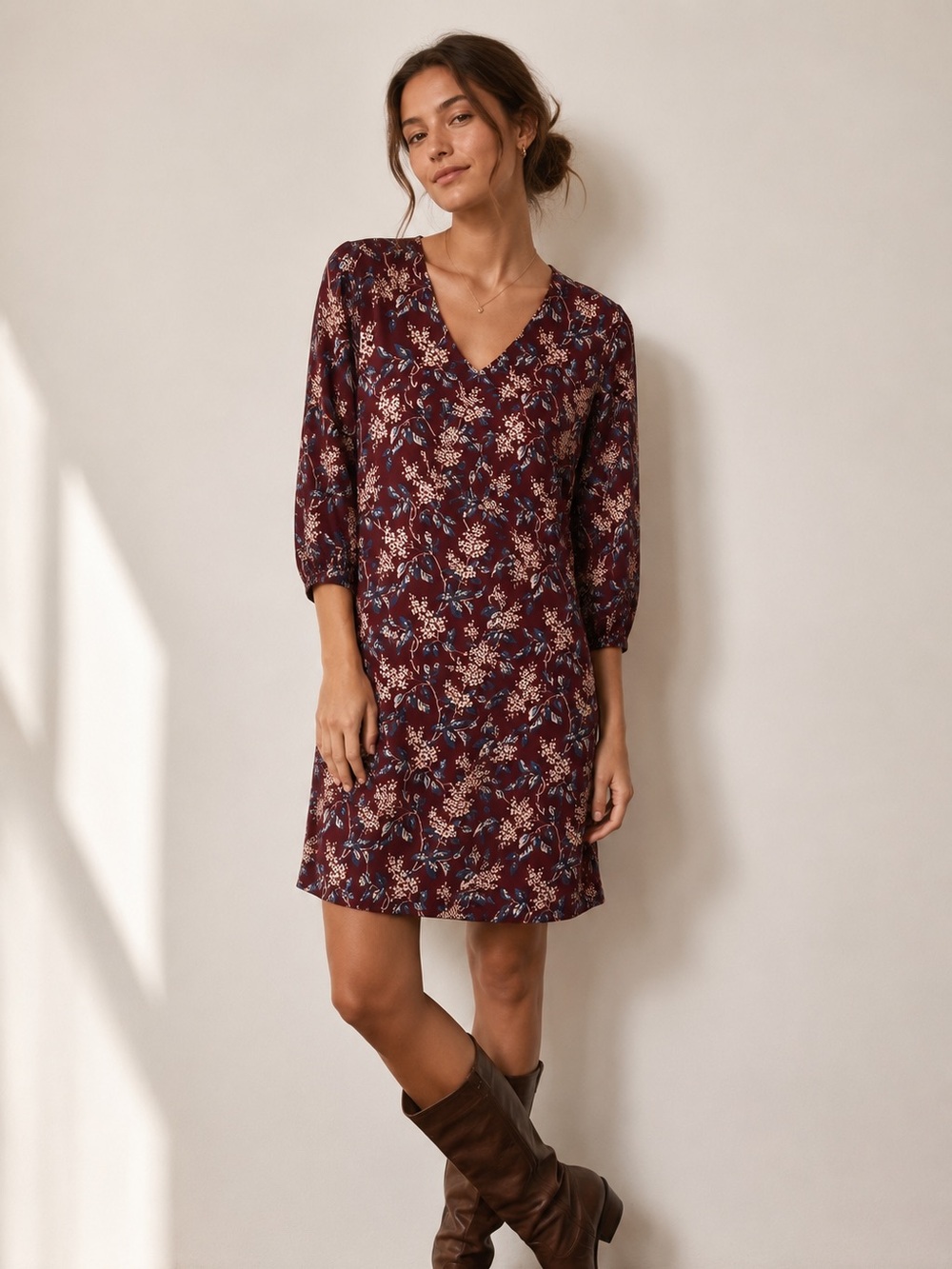 MADEWELL Burgundy Floral Button Back Shift Dress XS Lined Long Sleeve
